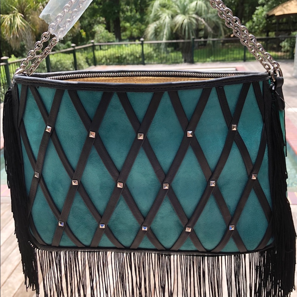 NEW Mary Norton Teal Black Leather Fringe Bag